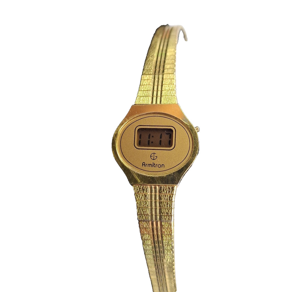 Vintage Armritron Digital Gold Tone LCD Textured Band Watch New Battery Running